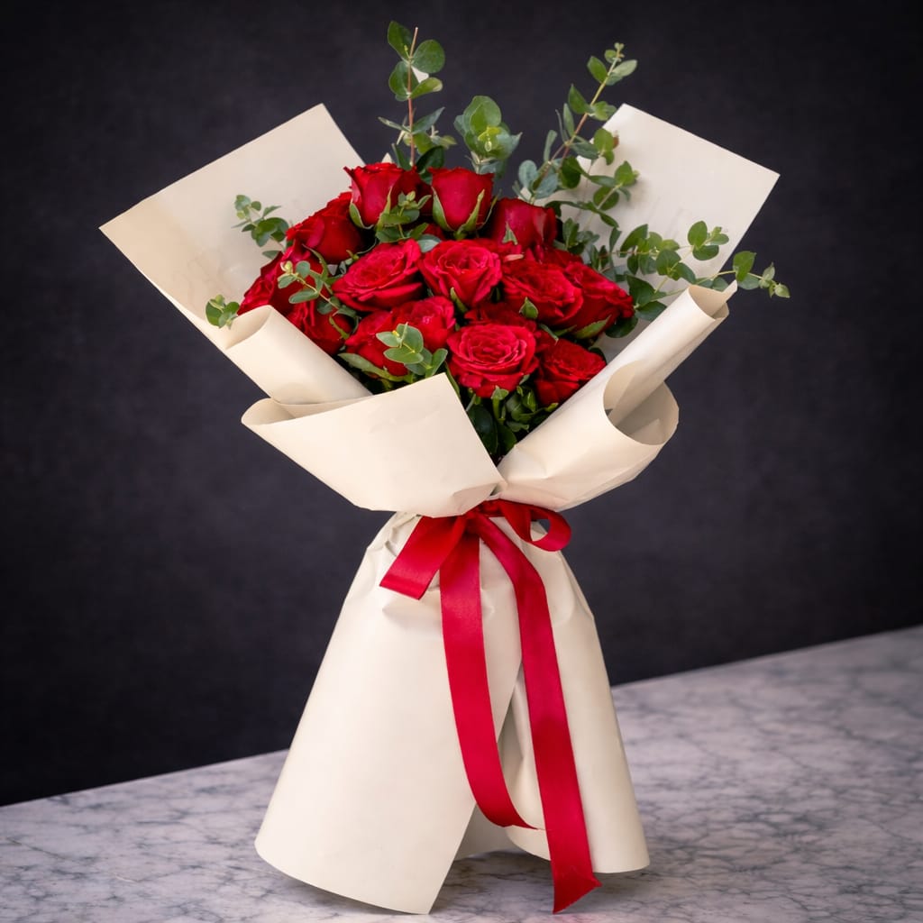20 red roses bouquet wrapped in ivory paper with red satin ribbon and eucalyptus sprigs