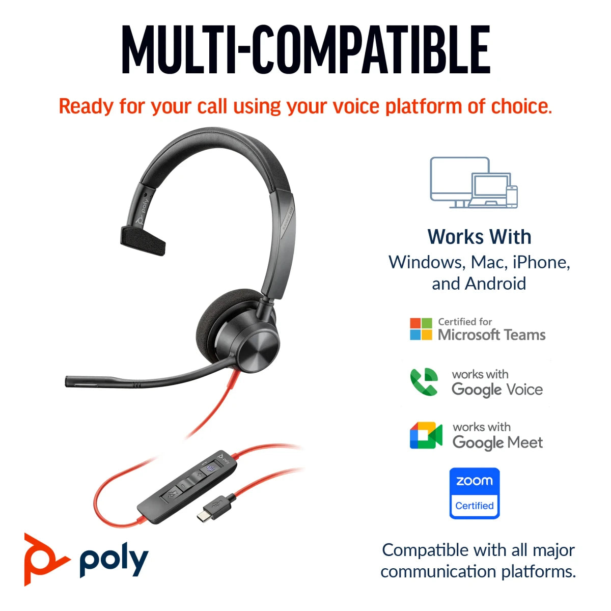 سماعة Poly Blackwire 3310 USB-C بميكروفون عازل للضوضاء