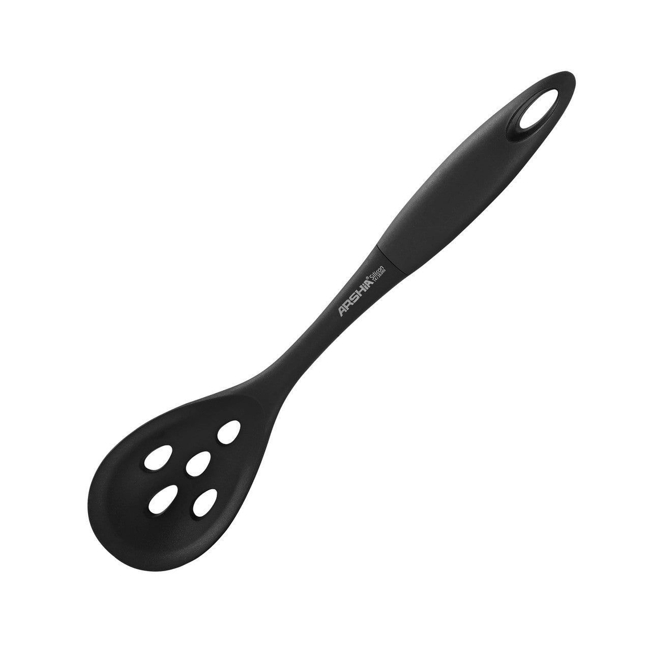 Arshia Slotted Silicone Spoon – Heat-Resistant, Drain Holes, Non-Slip Handle | Black