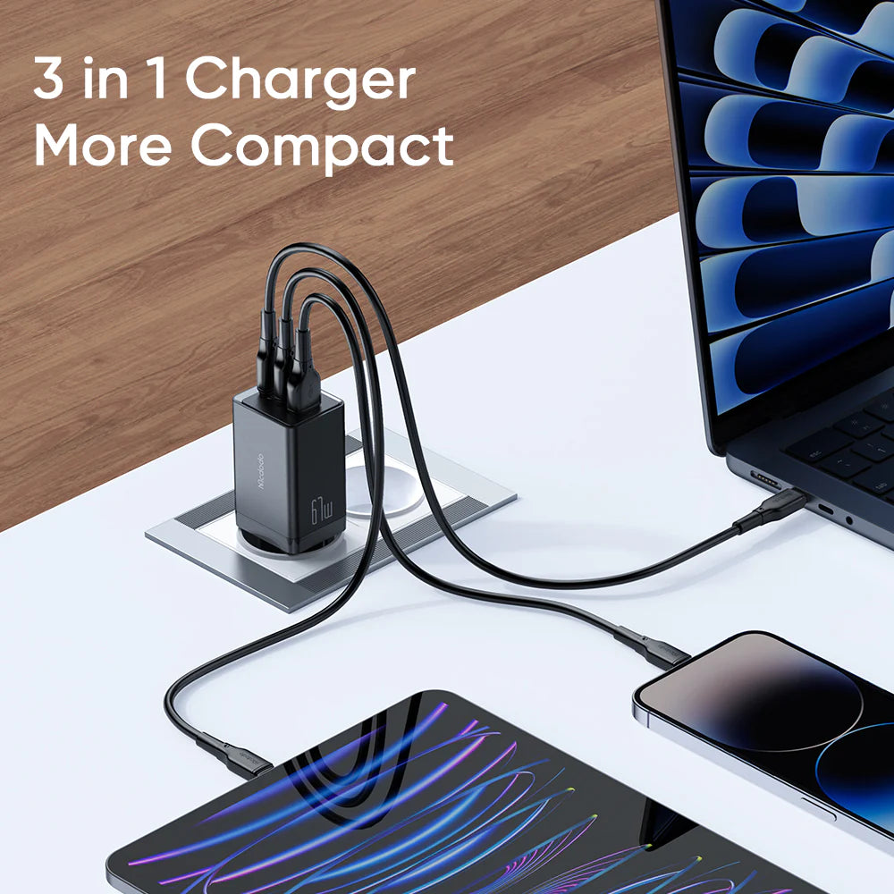 MCDODO 67W GaN Mini Fast Charger 3 Ports Full Protection - Black