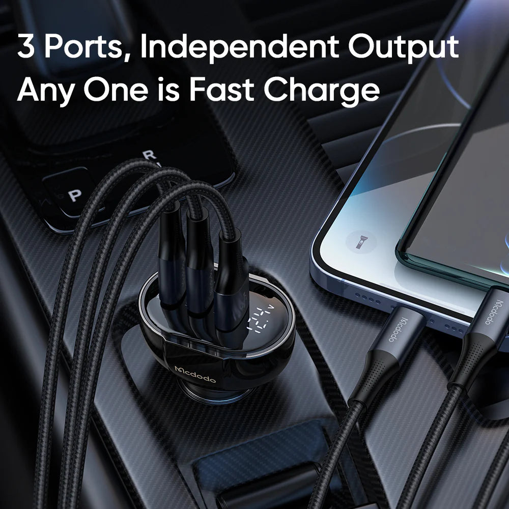 Mcdodo 128W Dual USB C & USB A Car Charger with Digital Display - Black