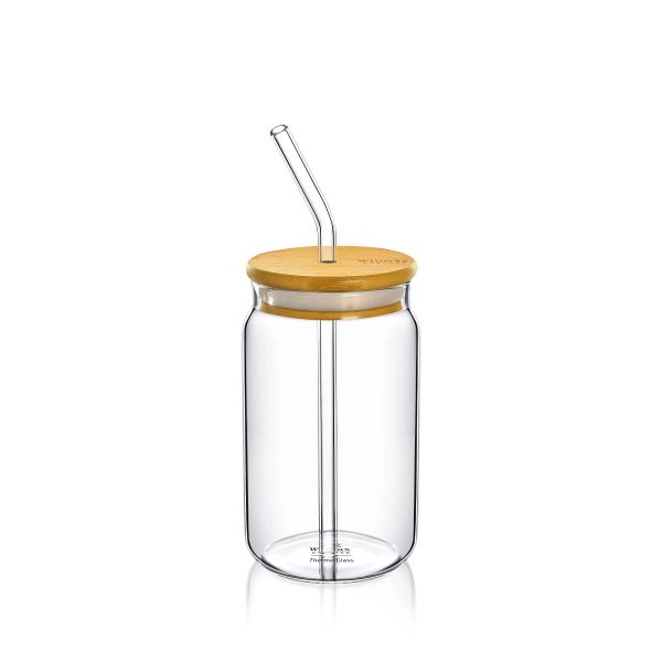 Wilmax Thermo Glass Cup with Bamboo Lid & Straw - Stylish