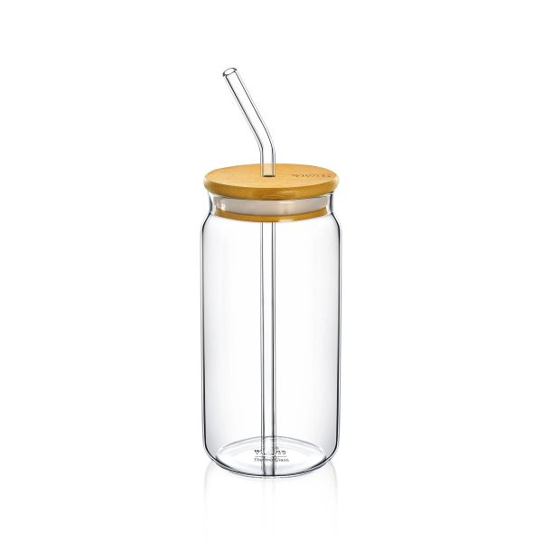 Wilmax Thermo Glass Cup with Bamboo Lid & Straw - Stylish