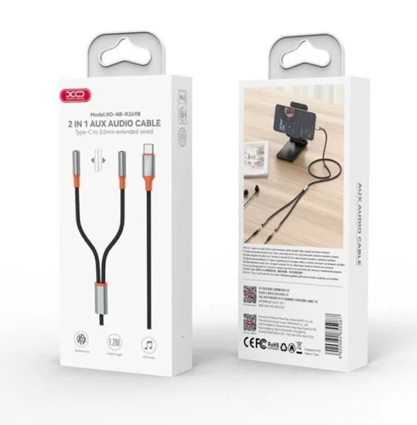 كابل XO NB-R269 USB-C إلى 2 جاك 3.5 مم – 1.2 متر أسود
