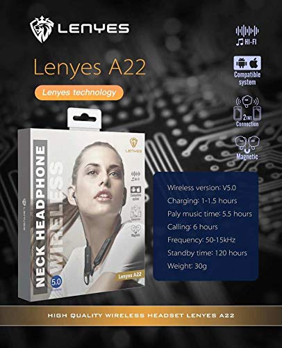 Lenyes Bluetooth Headphones V5.0 Sport Earphones with 6 Hours Plus Playtime Noise Cancelling Mic - Black