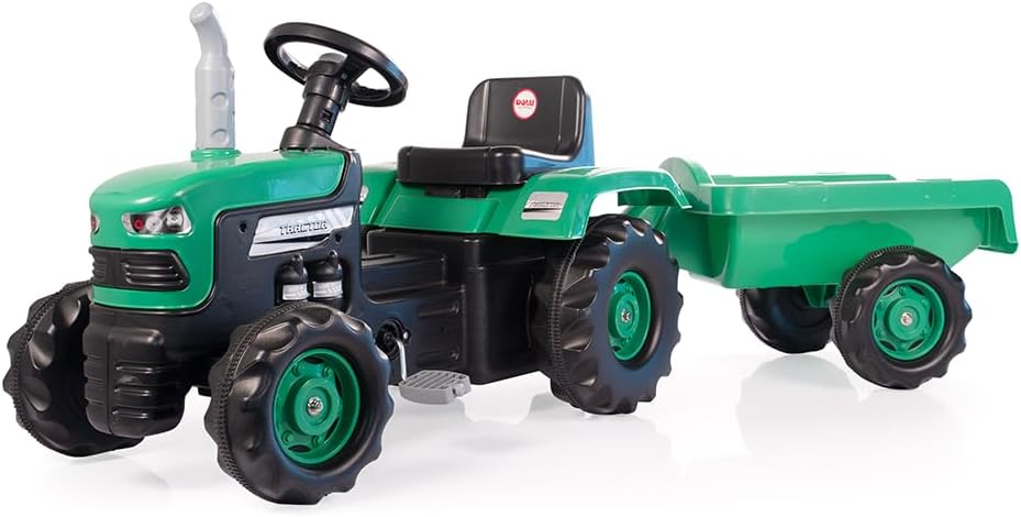 DOLU Pedal Operated Big Green Tractor with Trailer – Kids Ride-On Toy