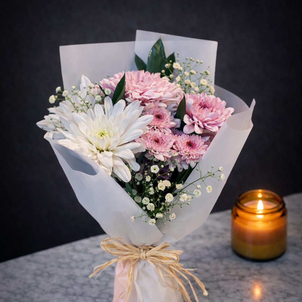 White and pink chrysanthemum bouquet with baby's breath wrapped in frosted white tissue paper and natural raffia bow