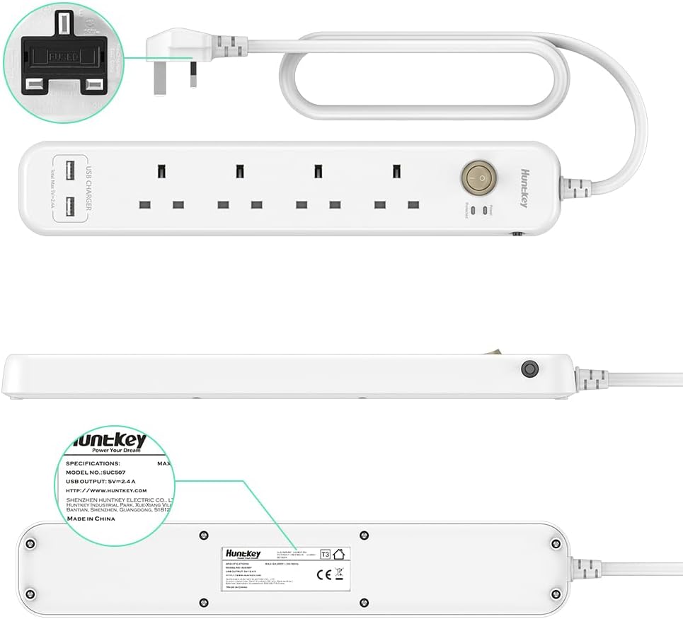 Huntkey Power Strip 4 Outlets 2 USB 6 in 1 Extension