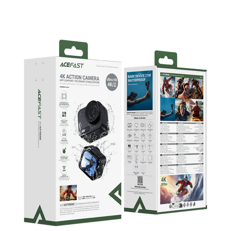 ACEFAST EXTREME 4K Action Camera | Waterproof | EIS Smart Stabilization | 170° Wide Angle | LCD Touch Screen