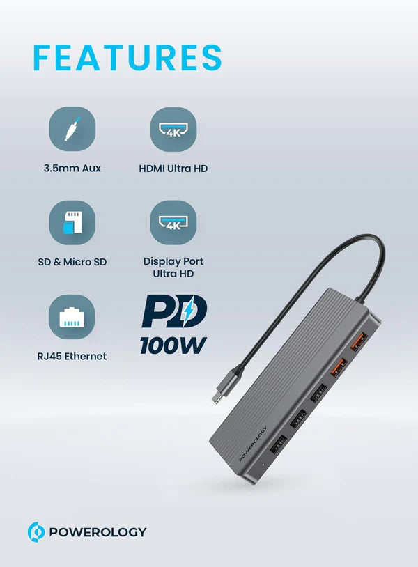 Powerology USB-C موزع  12 في 1 - أداء واتصال فائقين