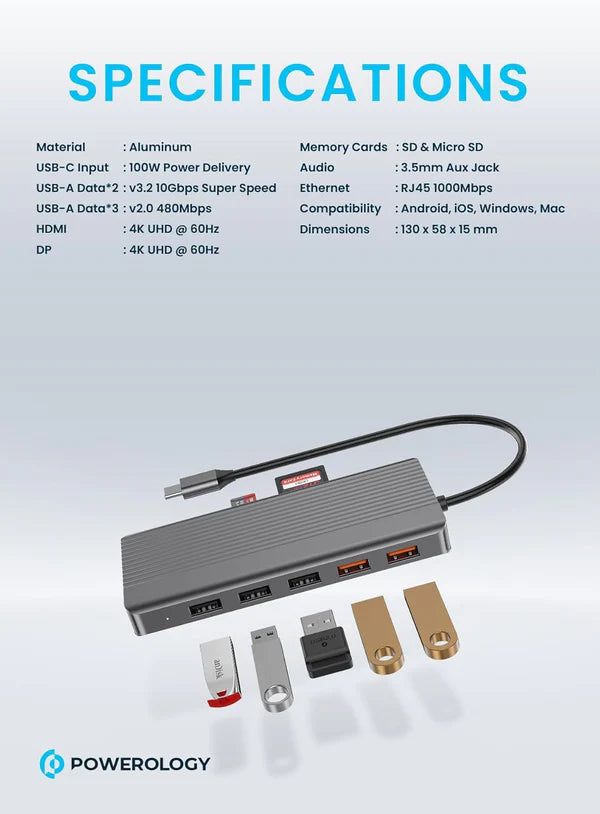 Powerology USB-C موزع  12 في 1 - أداء واتصال فائقين