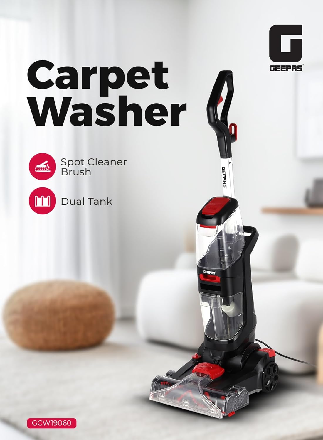 Geepas Carpet Washer GCW19060 - 800W Dual Brush Deep Cleaning Machine