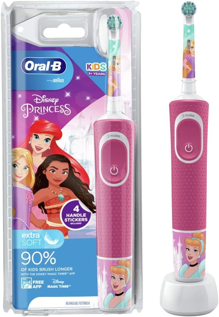 Oral-B by Braun Kids Rechargeable Electric Toothbrush with 4 Disney Princess Themed Stickers - Pink