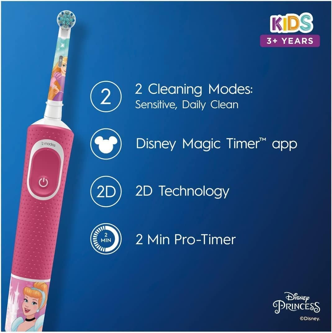 Oral-B by Braun Kids Rechargeable Electric Toothbrush with 4 Disney Princess Themed Stickers - Pink