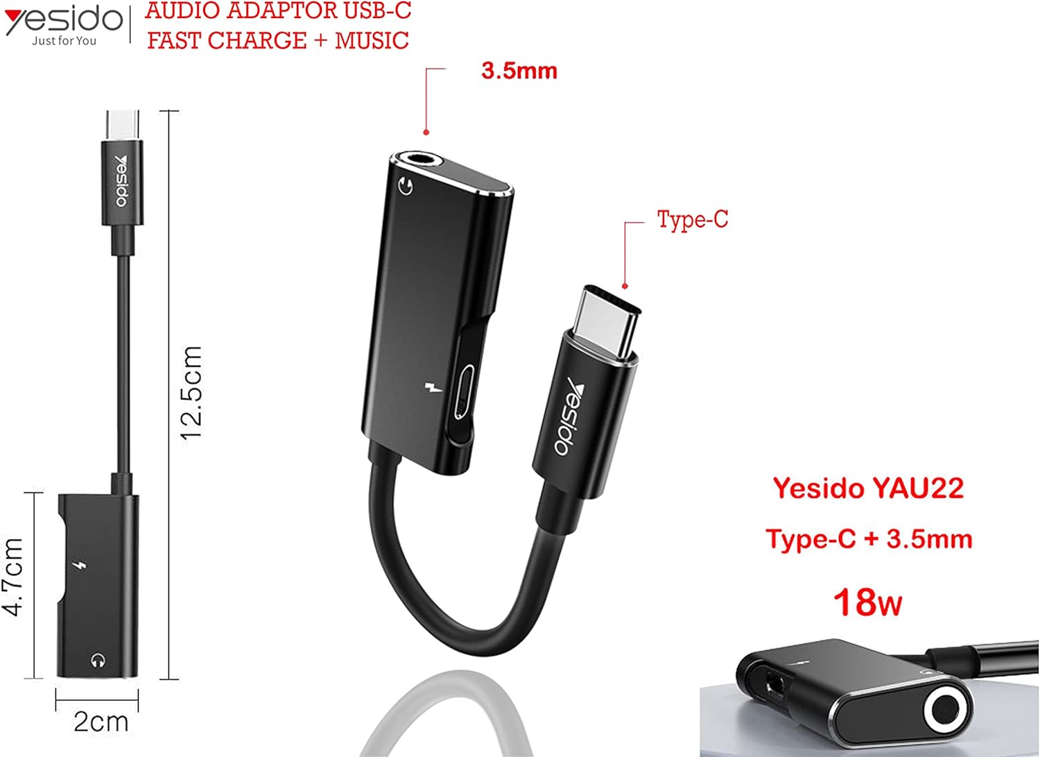 YESIDO USB C Audio Adapter with Fast Charge Capability - Black