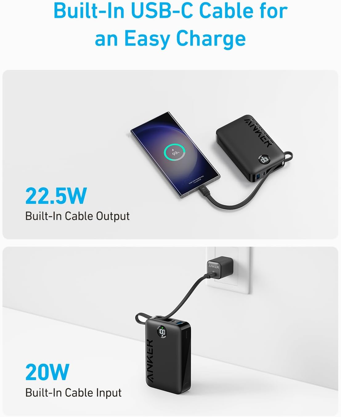 ANKER 20,000mAh Power Bank Built in USB C & Fast Charging - Black & White