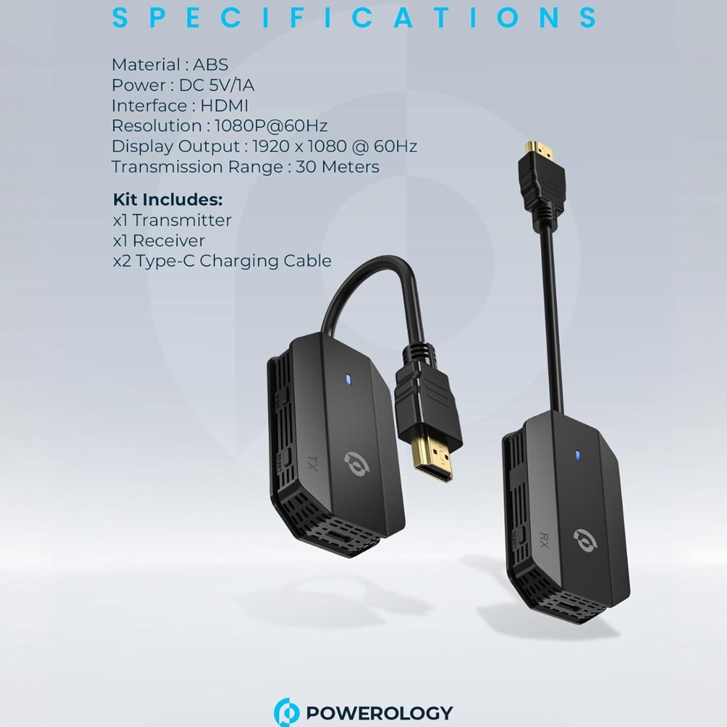 Powerology Wireless HDMI Mirroring Adaptor Pair with USB-C Cable Full HD 1080P
