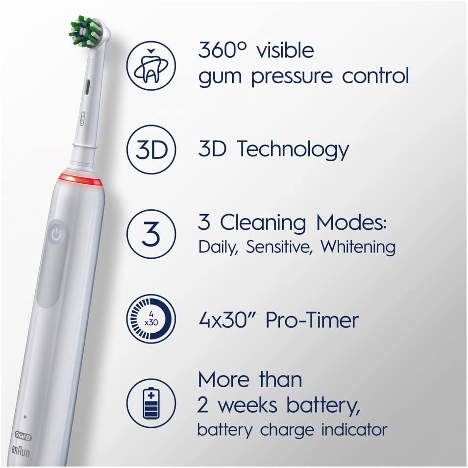 Oral-B by Braun Pro 3 3500 Electric Toothbrush with Smart Pressure Sensor Travel Case & 2 Sensitive Heads – White