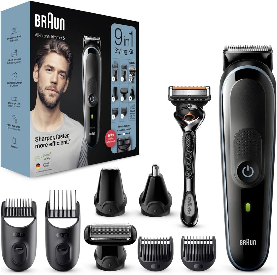 Braun: 9-in-1 Men's Grooming Kit ,Beard Trimmer, Hair Clippers, Ear & Nose Trimmer - Black/Blue