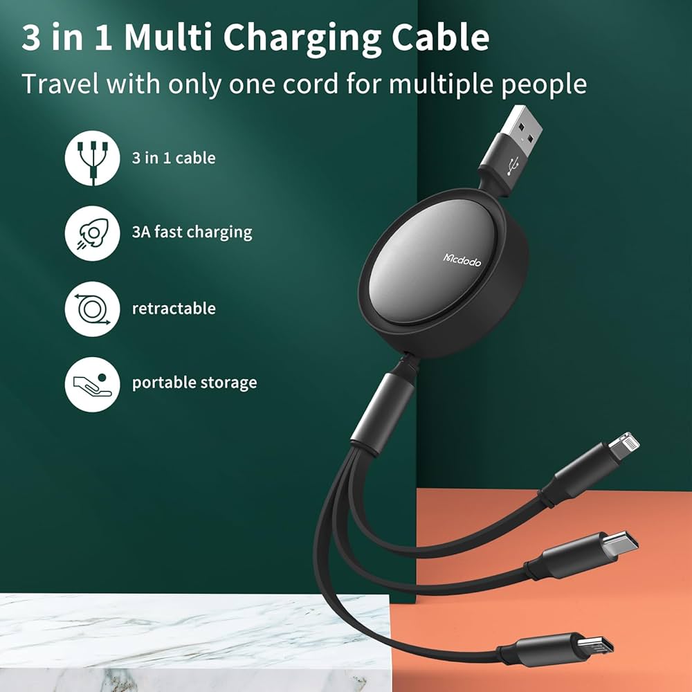 Mcdodo 3 in 1 Retractable Cable 1.2m Fast & Convenient Charging - Black & Green