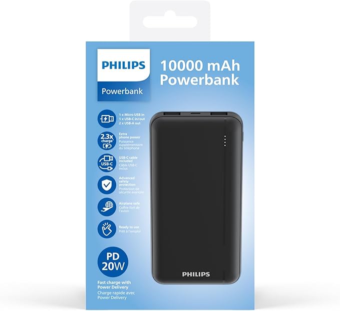 باور بانك فيليبس 10000mAh 20W مع منافذ USB-A وUSB-C
