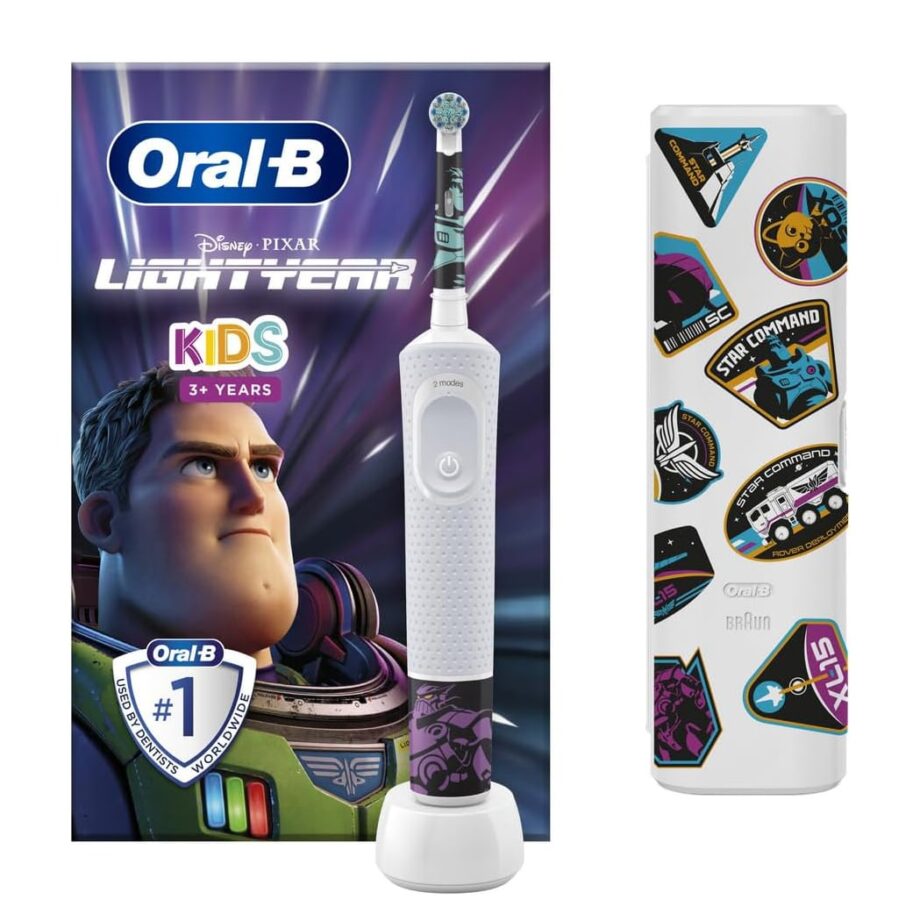 Oral-B by Braun Kids Rechargeable Electric Toothbrush with 4 Disney Lightyear Themed Stickers & Travel Case