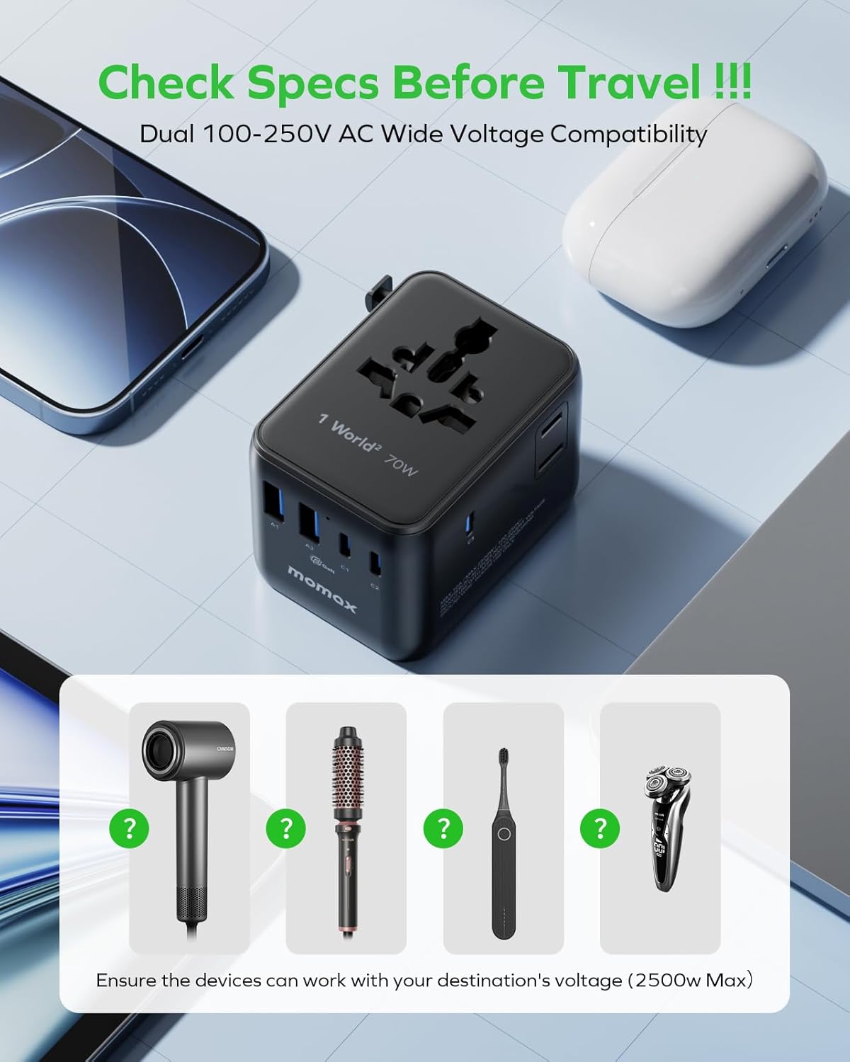 محول سفر MOMAX GaN بقوة 70 واط، 7 في 1 - منفذ USB-C يدعم الشحن السريع PD، أكثر من 200 دولة