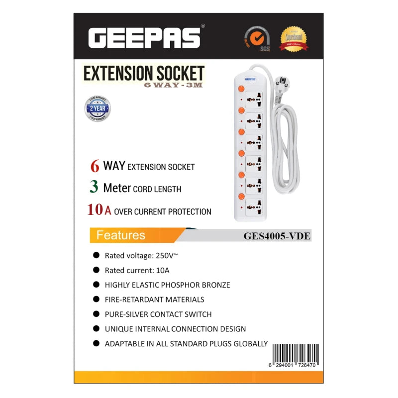 Geepas 6-Way Power Extension Board with Individual Switches, VDE Plug GES4005-VDE