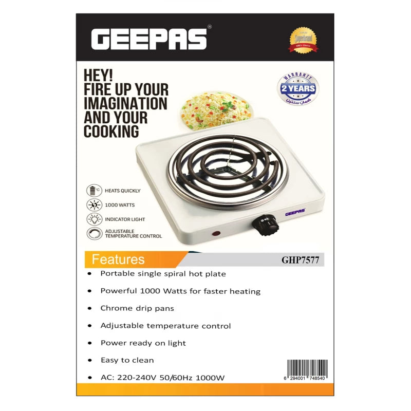 Geepas GHP7577 Single Hot Plate 1000W – White