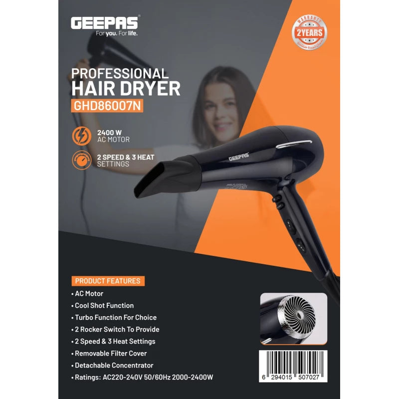 مجفف شعر Geepas GHD86007 – 2400 واط، إعدادات حرارة وسرعة متعددة