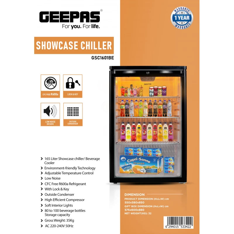 ثلاجة عرض Geepas GSC1601BE – 165 لتر، باب زجاج، إضاءة LED