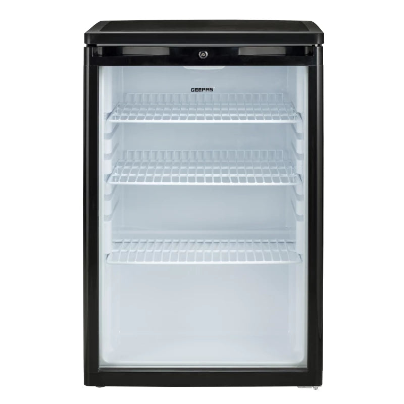 Geepas GSC1601BE 165L Showcase Chiller – CFC-Free R600a, Lock & Key, LED Light, Glass Door | Black