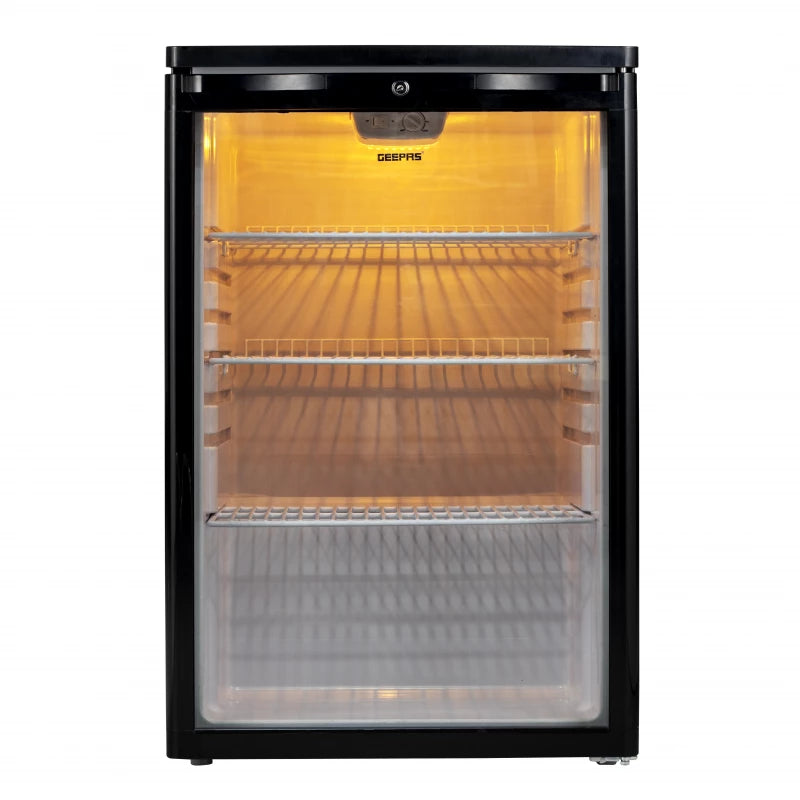 Geepas GSC1601BE 165L Showcase Chiller – CFC-Free R600a, Lock & Key, LED Light, Glass Door | Black
