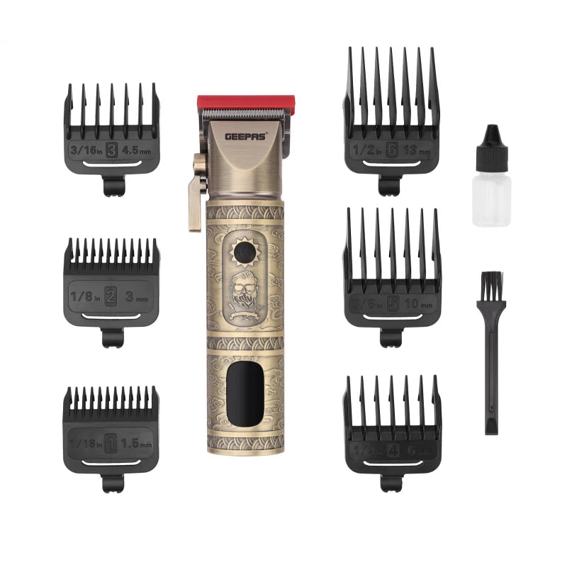 Geepas GTR56030 Professional Hair Clipper – Cordless & Corded, 200-Min Runtime, LED Display, 6 Combs | Golden