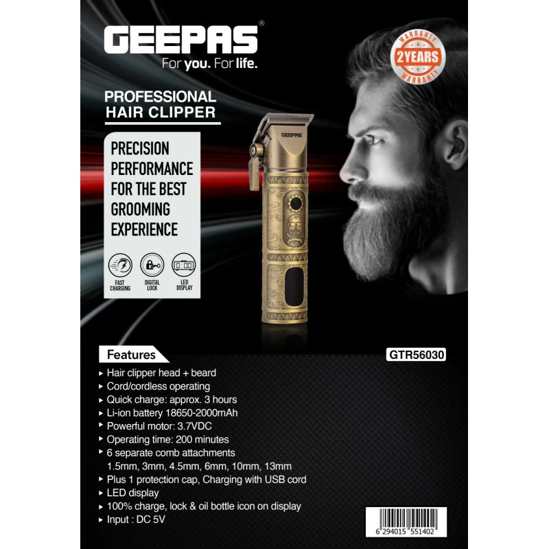 Geepas GTR56030 Professional Hair Clipper – Cordless & Corded, 200-Min Runtime, LED Display, 6 Combs | Golden