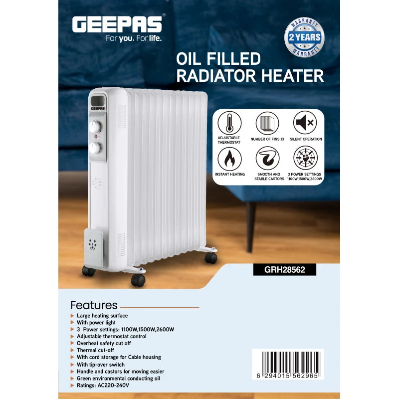 Geepas GRH28562 Oil Filled Radiator Heater – 13 Fins, 2600W, Adjustable Thermostat & Overheat Protection | White