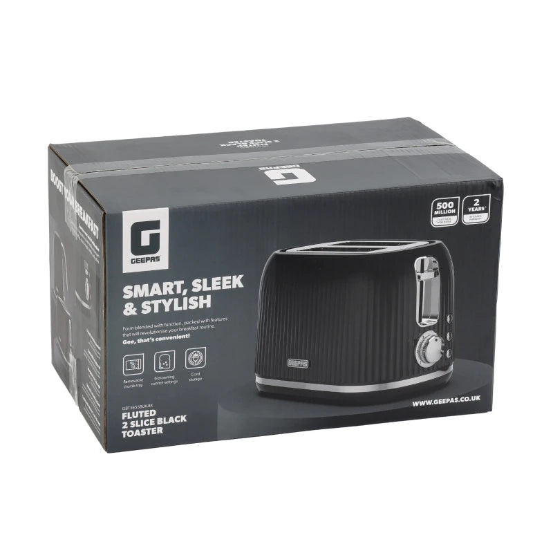 Geepas Fluted 2-Slice Bread Toaster, 6 Browning Levels, Black, GBT36558UK-BK