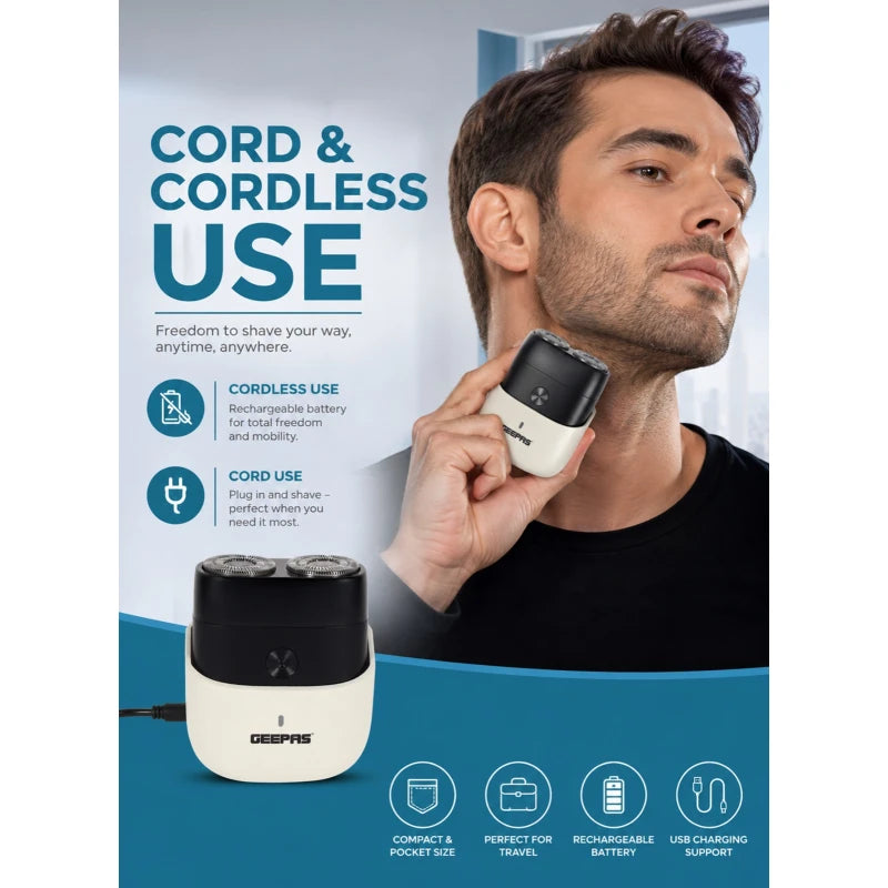 Geepas IPX7 Waterproof Pocket Shaver, Cordless/Cord, Black/White GSR57518UK