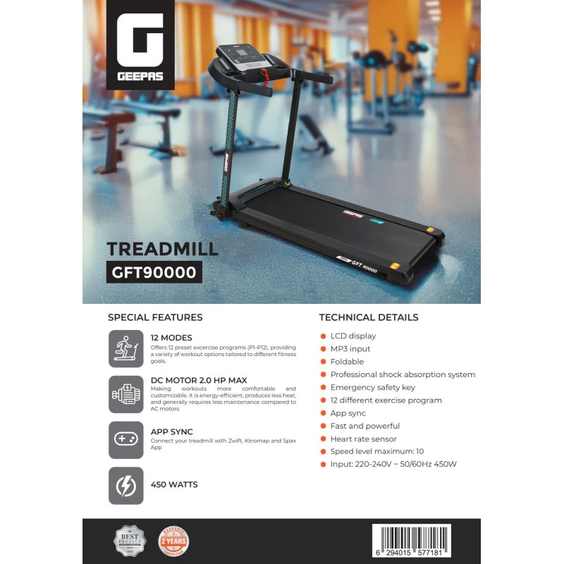 Geepas GFT90000 Foldable Treadmill - 2.0HP Motor, 12 Programs, App Sync - Black