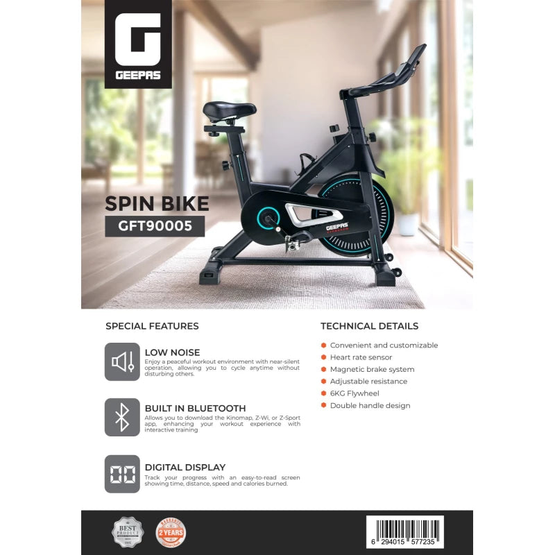 Geepas GFT90005 Spin Bike | Bluetooth Indoor Cycling Bike | Digital Display | 6kg Flywheel | Adjustable Resistance | Black