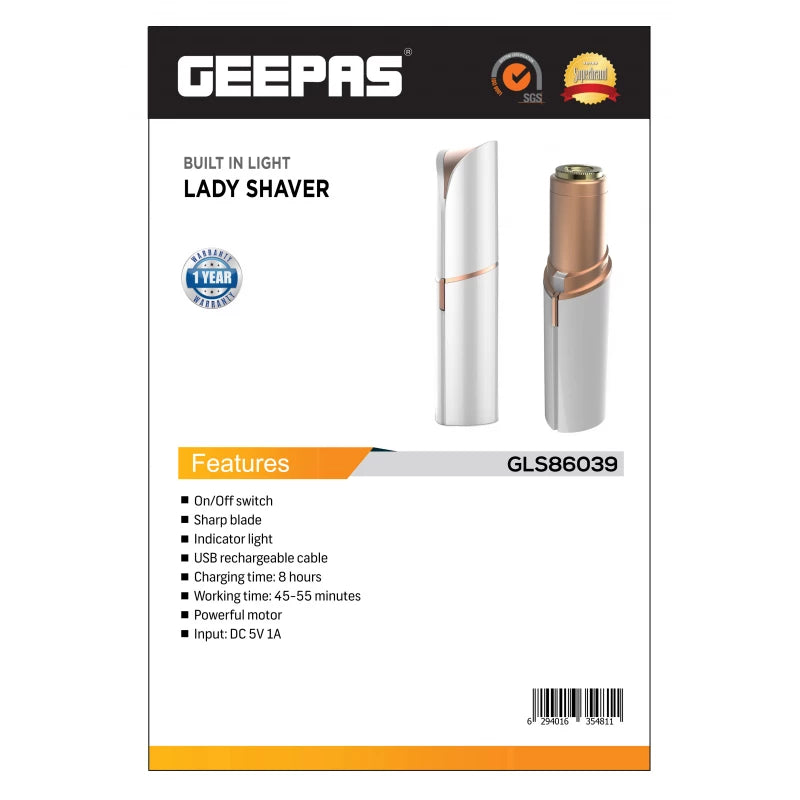 Geepas GLS86039 Lady Shaver with Built-in Light – USB Rechargeable, Painless Hair Removal for Face & Body | White & Gold