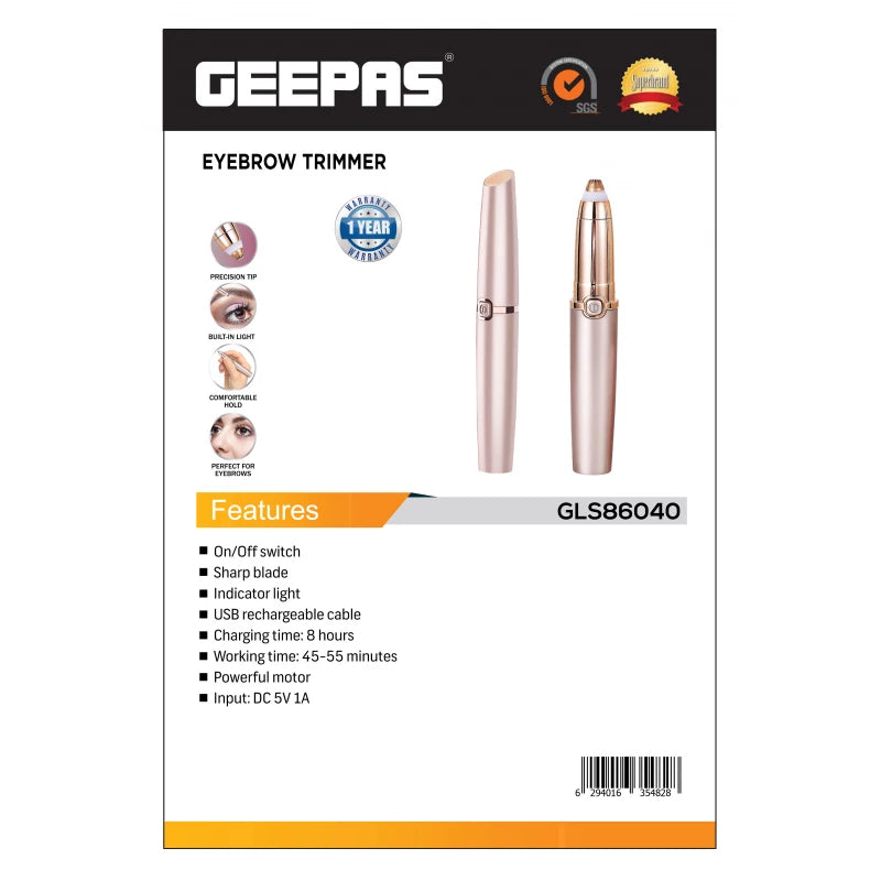 Geepas GLS86040 Eyebrow Trimmer – USB Rechargeable, Built-in Light, Precision Blades | Rose Gold