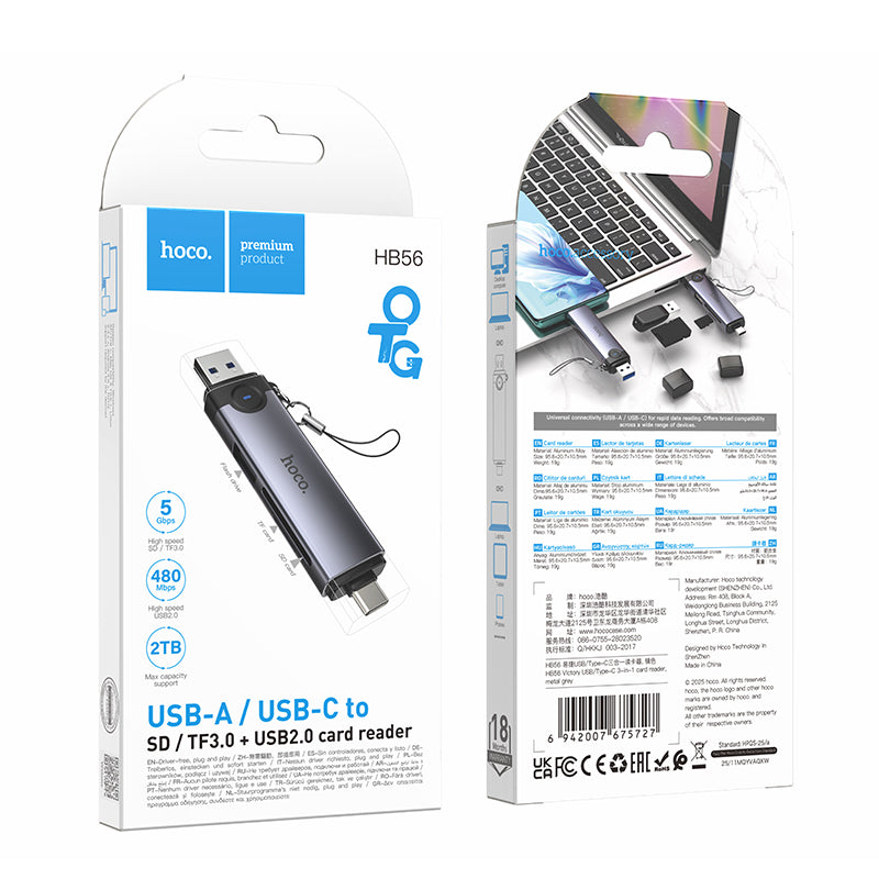 HOCO HB56 Victory 3-in-1 USB & Type-C Card Reader with OTG – 5Gbps