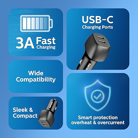 شاحن سيارة Philips DLP5522C 60W USB-C مزدوج – شحن سريع
