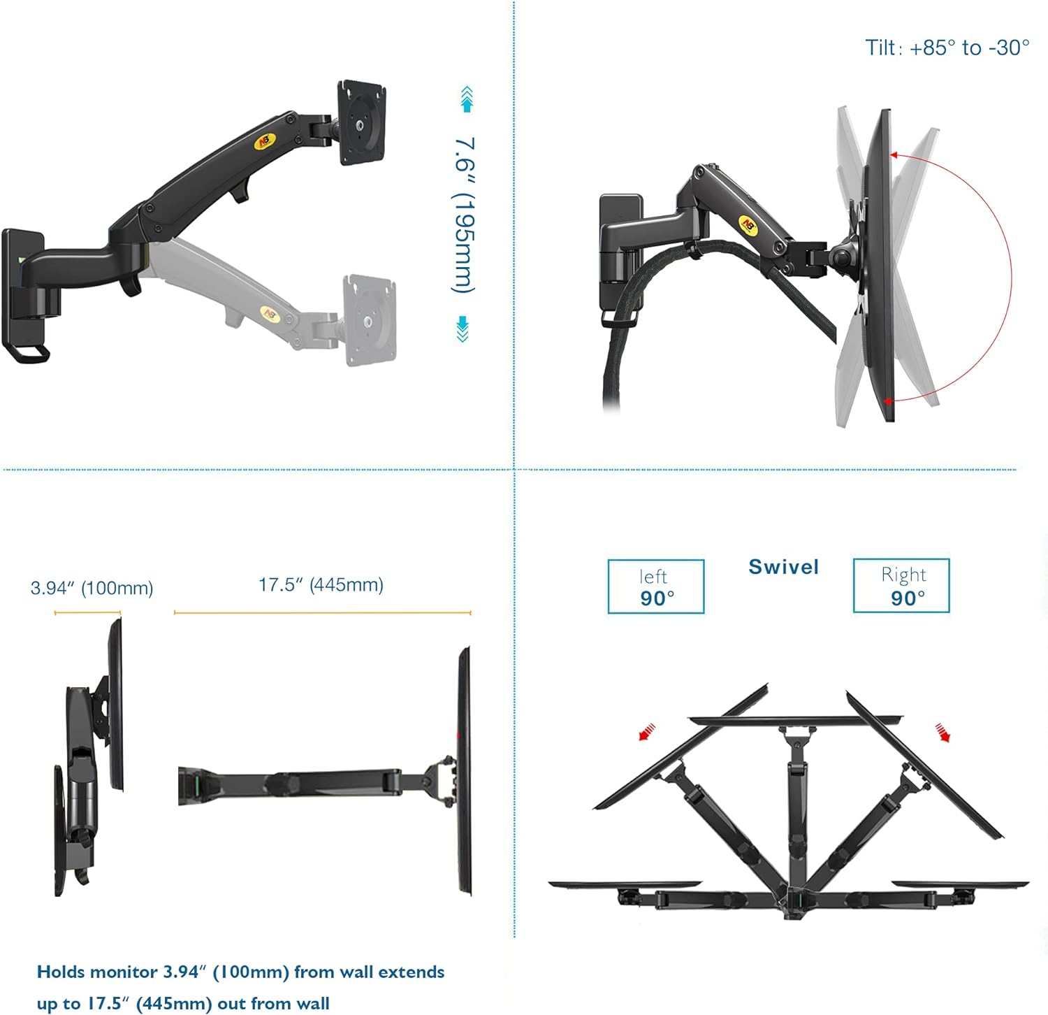 North Bayou 17"-35" Gas Spring Full Motion Monitor Mount