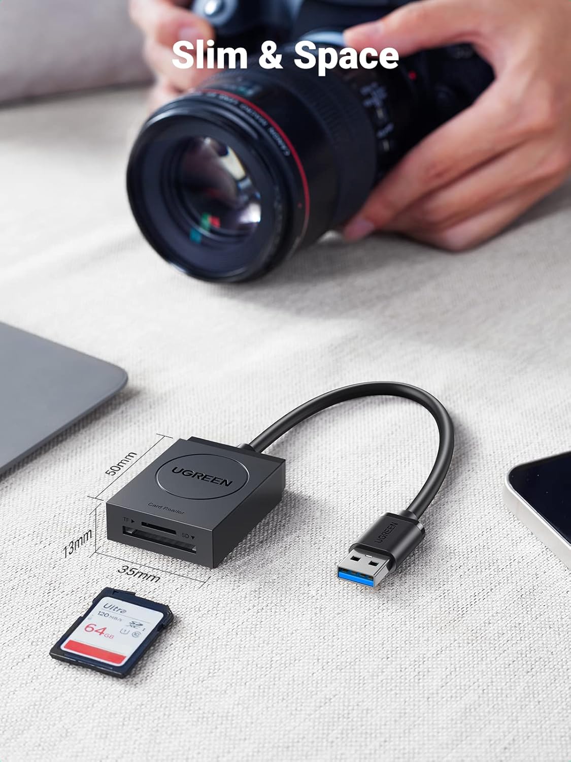 UGREEN USB 3.0 Dual SD/TF Card Reader with 6" Cord – 5Gbps, 2TB Support