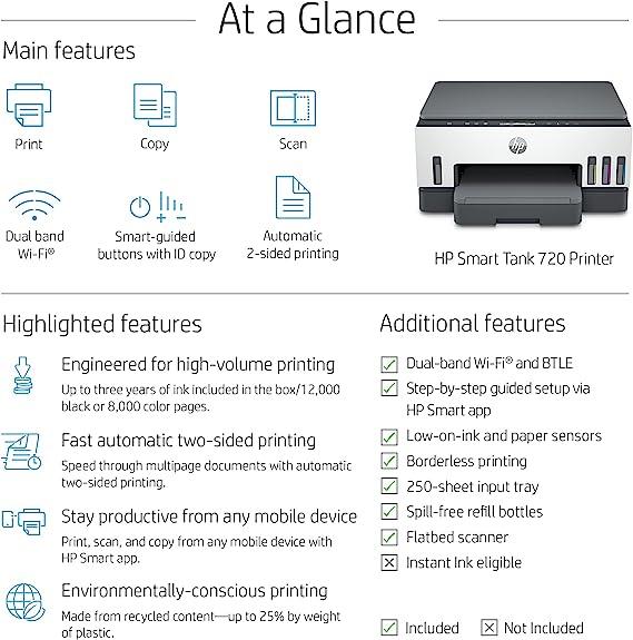 HP Smart Tank 720 Wireless, Print, Scan, Copy, All In One Printer (6UU46A)