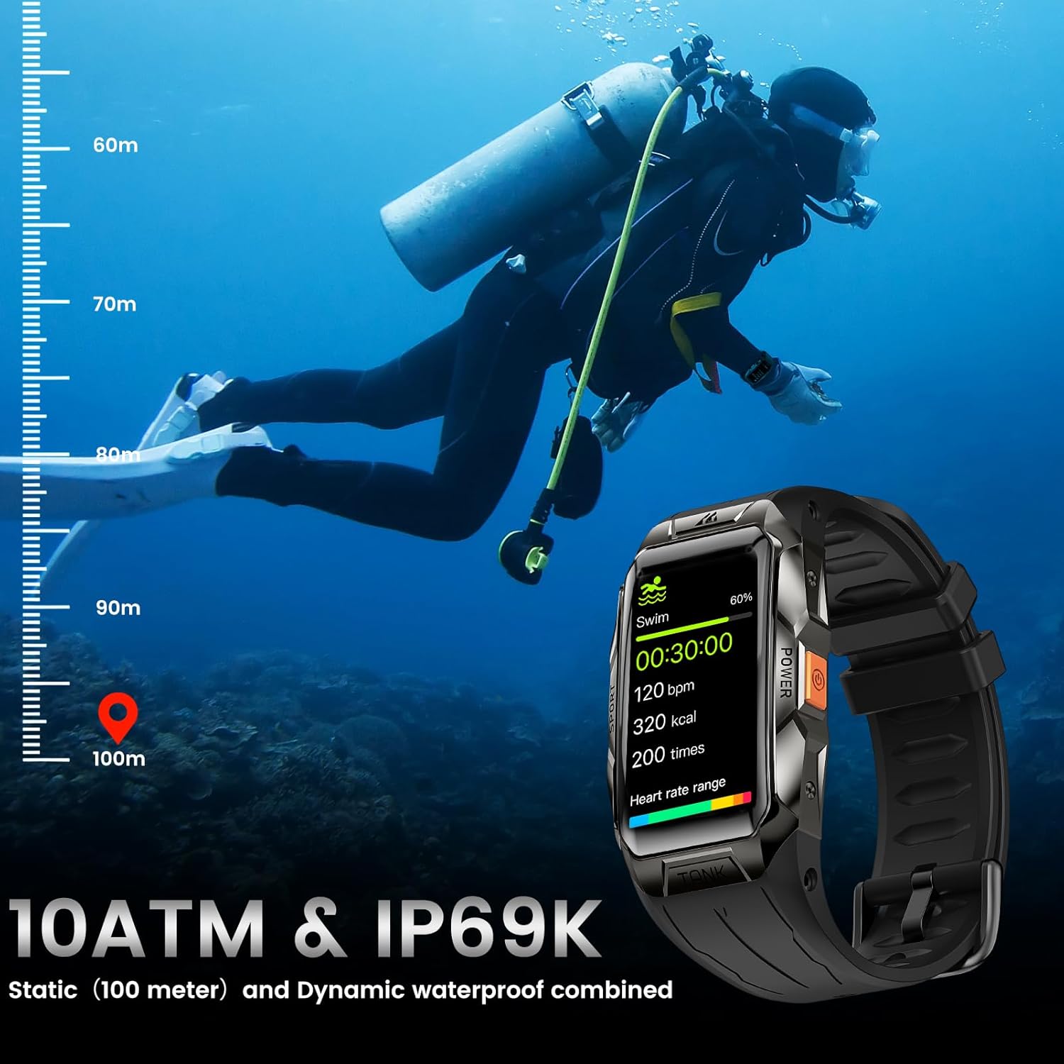 KOSPET TANK X1 Rugged Smartwatch with 3D Curved AMOLED Display - Black