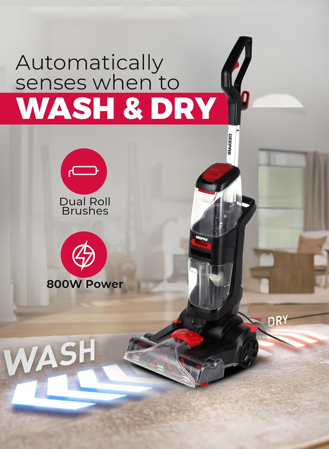 Geepas Carpet Washer GCW19060 - 800W Dual Brush Deep Cleaning Machine
