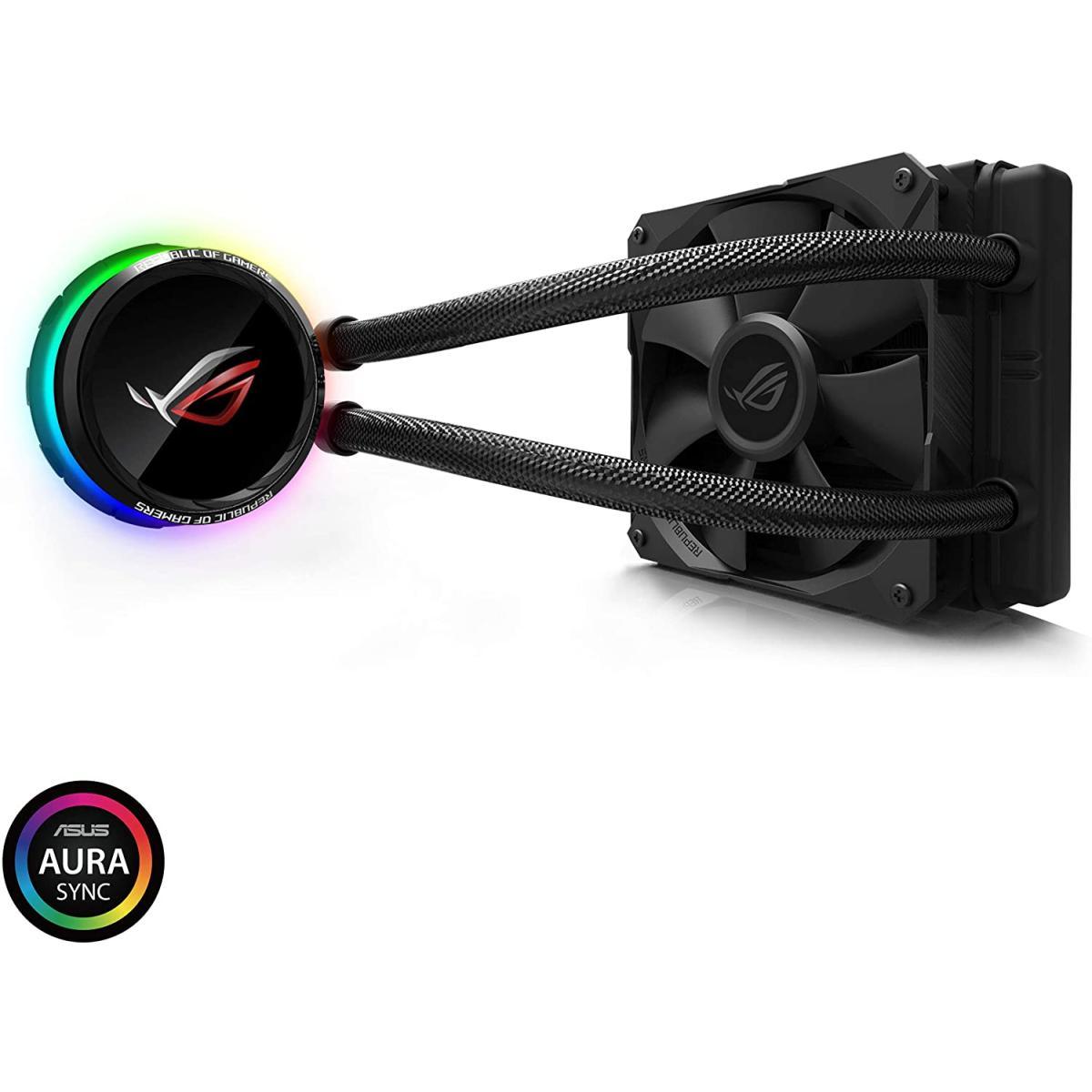 ASUS ROG Ryuo 120 all-in-one liquid CPU cooler with color OLED, Aura Sync RGB, and ROG 120mm radiator fan